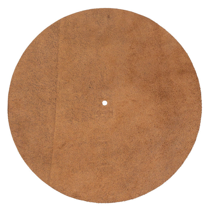 Hide & Drink Turntable Slipmat displaying a soft, nubuck leather finish perfect for phonograph enthusiasts. This handmade artisan product is crafted from full grain leather, providing an antistatic cover that reduces dust and noise. A classy choice for those who appreciate small batch production and fire branded quality.