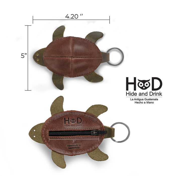 Turtle Mini Pouch Keychain by Hide & Drink, with specifications highlighted, showcasing its dimensions and unique design. This handmade Leather Turtle Coin Purse, crafted from Full Grain Leather, is a perfect small batch production item from La Antigua Guatemala & Oaxaca Mexico.