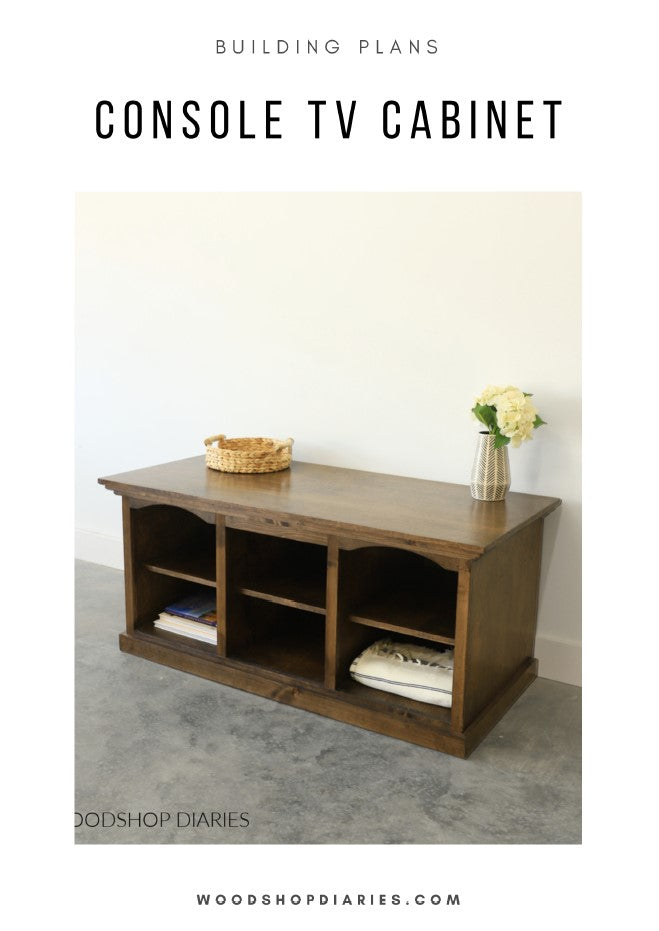 Wooden console TV cabinet with shelves on a concrete floor against a white wall, featuring text about building plans and source.