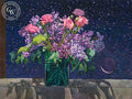 Twilight Lilacs, 1989, watercolor painting by Carolyn Lord (American art). Fine art giclée print reproduction by California Watercolor for wall decor.