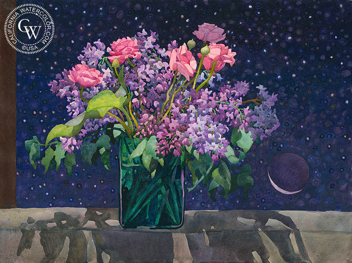 Twilight Lilacs, 1989, watercolor painting by Carolyn Lord (American art). Fine art giclée print reproduction by California Watercolor for wall decor.