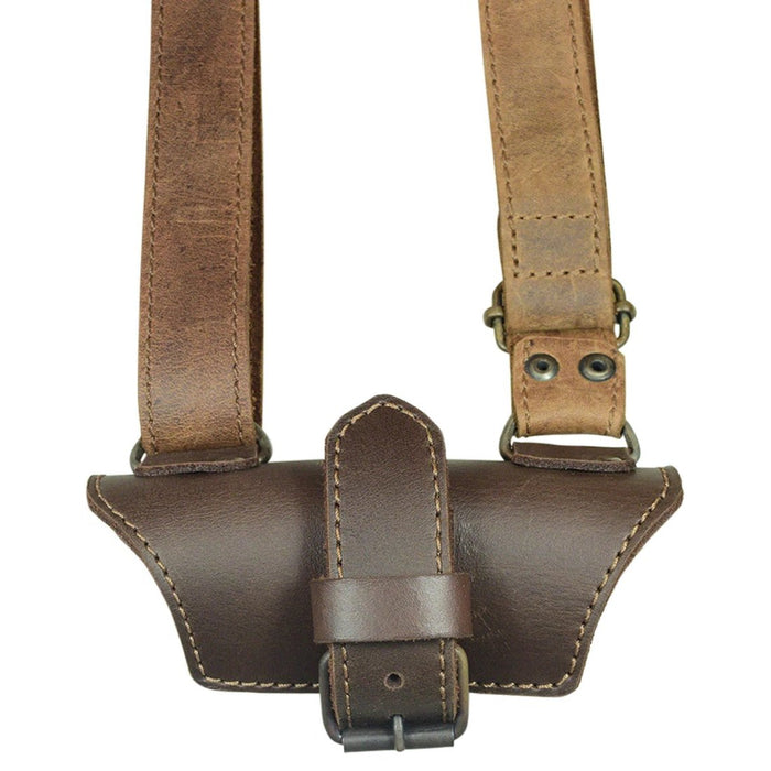 Back view of Hide & Drink Umbrella Strap Holder with adjustable strap design, made of high-quality full grain leather, embodying an urban vintage style. This piece reflects small batch production standards, showcasing hand cut and hand sewn artisan details, fire branded and handmade in La Antigua Guatemala & Oaxaca Mexico.
