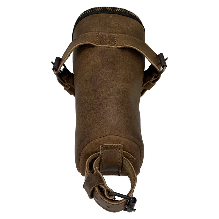 Top view of the Hide & Ride Under Seat Pouch showcasing its sturdy strap and leather design. Perfectly representing a Bicycle Under Seat Pouch, it serves as a multi-functional organizer for those who commute by bike. This accessory bag, made from full grain leather, is a testament to small batch artisan production in La Antigua Guatemala & Oaxaca Mexico.