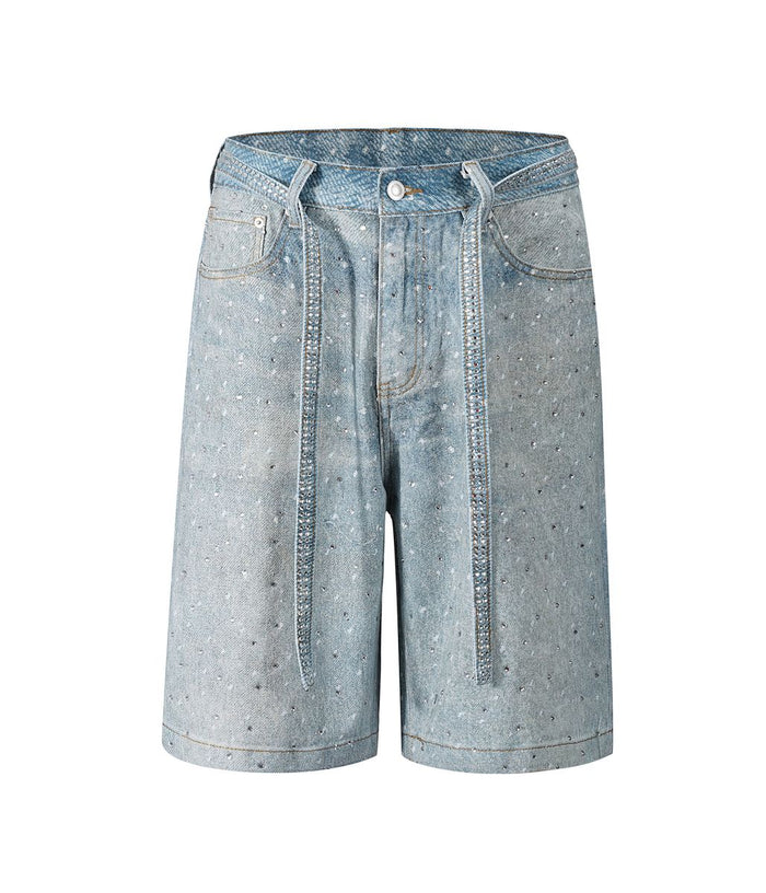 A pair of undeveloped azul denim shorts decorated with sparkling rhinestones for a stylish look