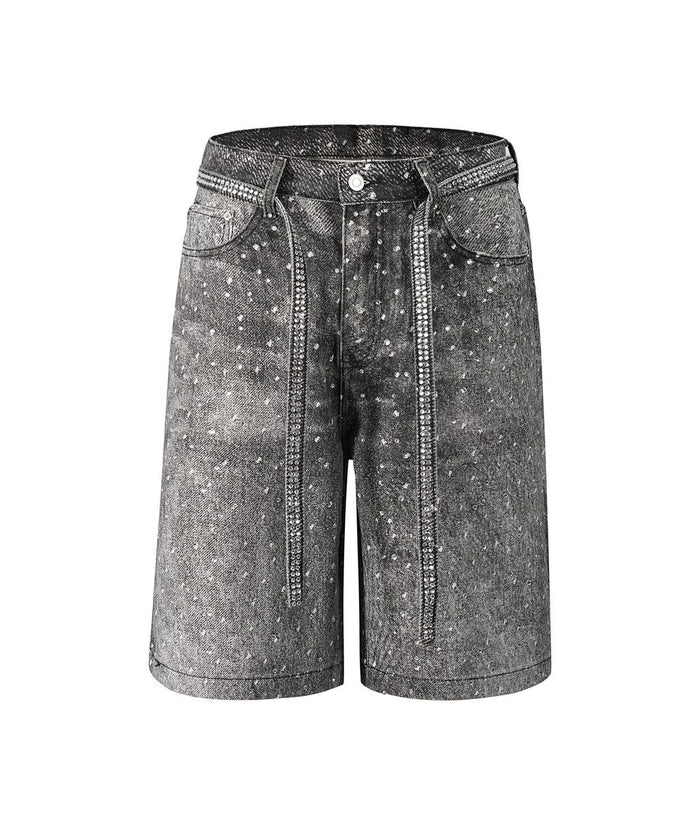Luxury black denim shorts featuring all-over hand-embellished rhinestones, a baggy fit, and a removable rhinestone belt for versatile styling