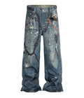 Heavyweight blue denim jeans featuring a relaxed fit and all-over graphic print