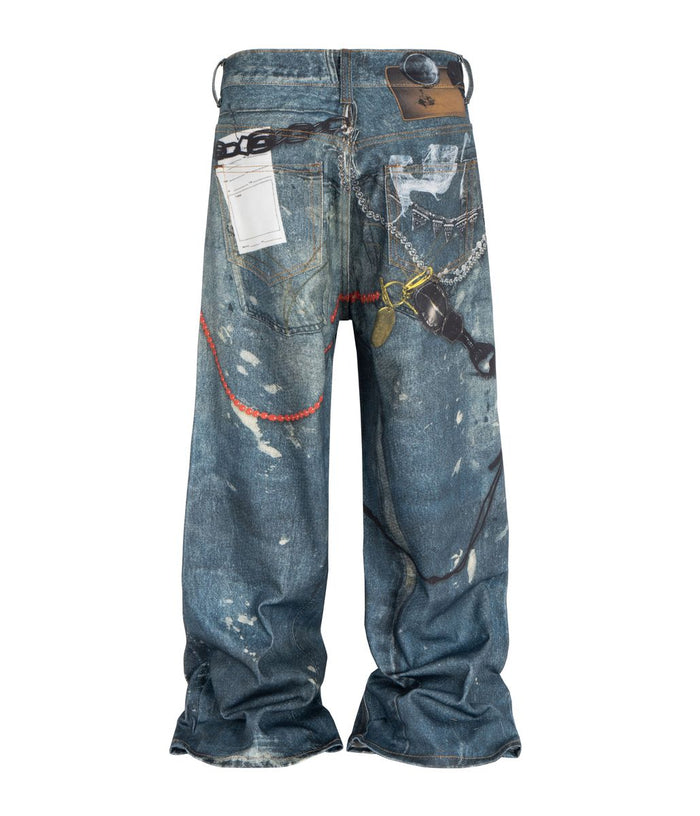 Undeveloped Wideboy Hardware Blue Denim Jeans with sandblast finish and graphic design