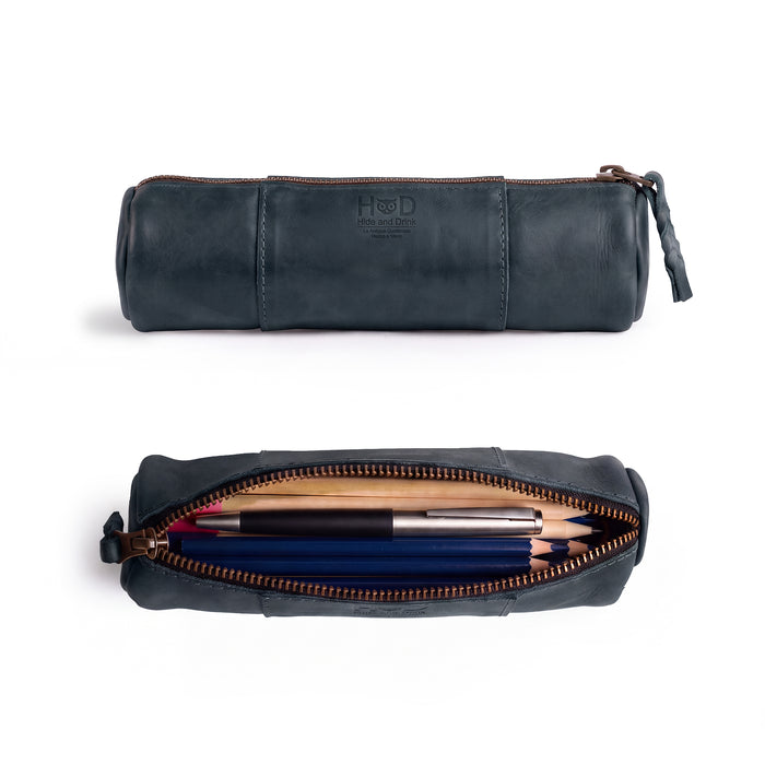 Inside view of the Utility Cylinder Case by Hide & Drink highlighting its spacious design, perfect for organizing office supplies. This classic bag is handmade from luxurious Full Grain Leather in La Antigua Guatemala. Cylinder Case, Handmade, Rustic.