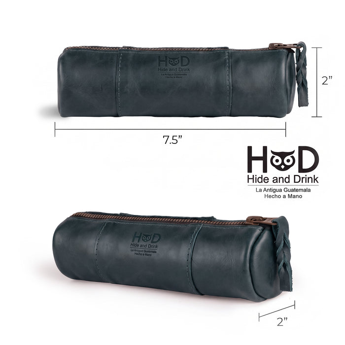 Dimensions view of the Utility Cylinder Case by Hide & Drink, showcasing its practical size. This classic, handmade bag is perfect for organizing personal items or office supplies, crafted in Full Grain Leather. Cylinder Case, Rustic, Artisan.