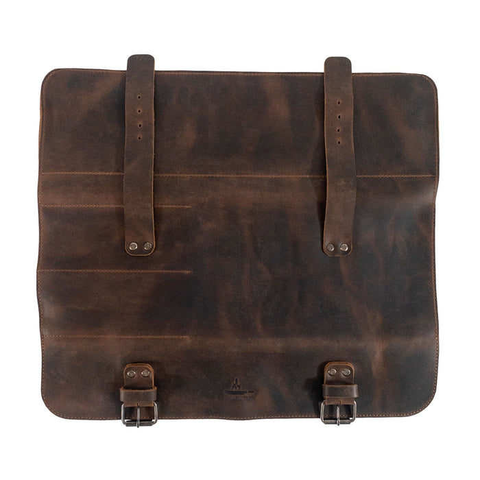Detailed image of the Utility Knife Roll from Cast Leather Co. with dimensions labeled, emphasizing its practical design for knives and accessories. Made from full grain leather, this knife case is an example of artisan craftsmanship and handmade techniques originating from La Antigua Guatemala.