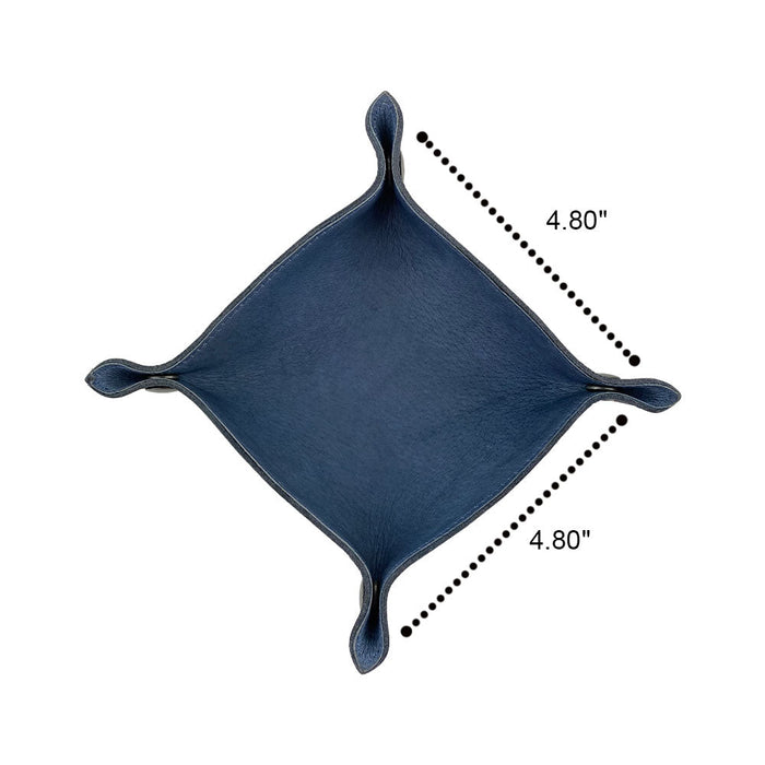 Dimensions of the Valet Tray with Sheep Skin by Hide & Drink, showing its compact size of 4.80 inches. This handcrafted item is perfect for storing your personal items like keys and change, reflecting its function as a storage valet. Made from Full Grain Leather & Sheepskin, this artisan product is hand cut, hand sewn, and fire branded in La Antigua Guatemala & Oaxaca Mexico.