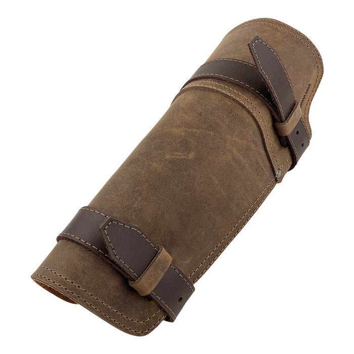 Close-up view of the Valhalla Gear Vambrace Bracer - 2 pack, featuring one of the Viking style hand protectors with a strong leather design and adjustable buckles. This artisan-made medieval wrist guard highlights superior craftsmanship from La Antigua Guatemala & Oaxaca Mexico.