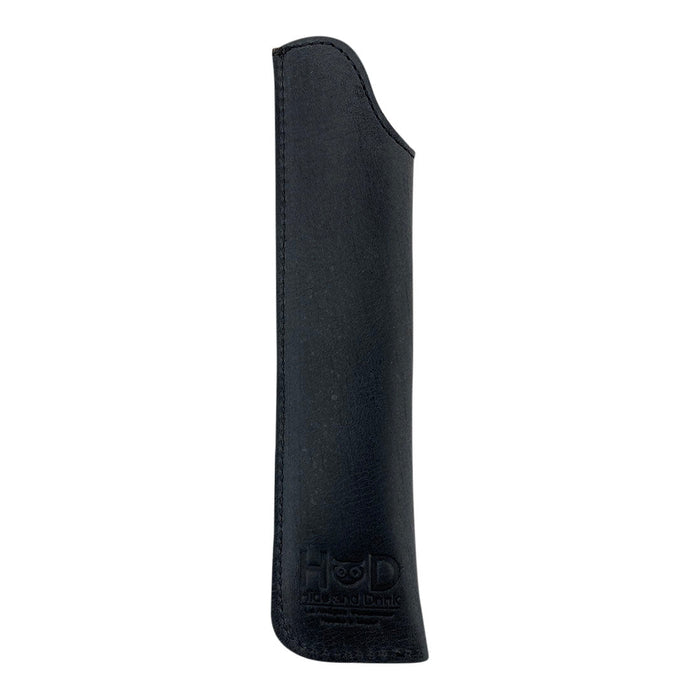 Different angle of the Hide & Drink Vape Pen Sleeve in classic black Full Grain Leather. This hand cut and hand sewn artisan pen case is perfect for stylish vape pen storage. Handmade in La Antigua Guatemala & Oaxaca Mexico, showcasing small batch production and fire branded details.