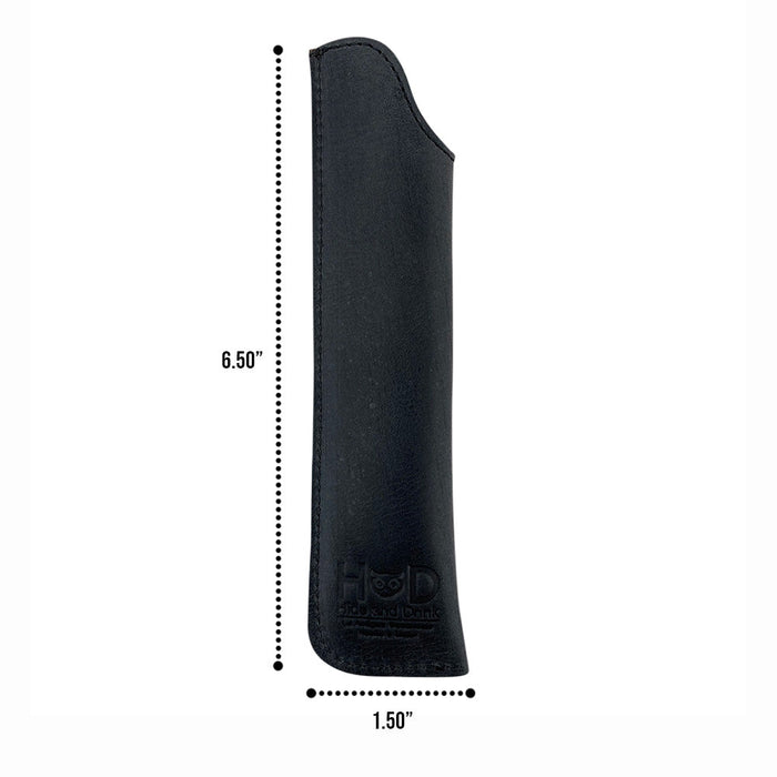 Dimensions of the black Hide & Drink Vape Pen Sleeve, crafted from durable Full Grain Leather. This artisan case is perfect for vape pen storage, designed with small batch production in mind. Handmade in La Antigua Guatemala & Oaxaca Mexico, showcasing fire branded details.