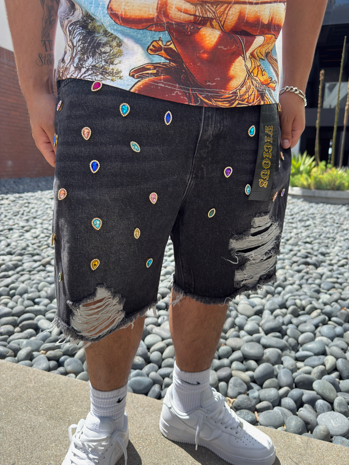 Vicious Black Denim Shorts with gem stones, featuring a chic style VC5103 in sleek black color