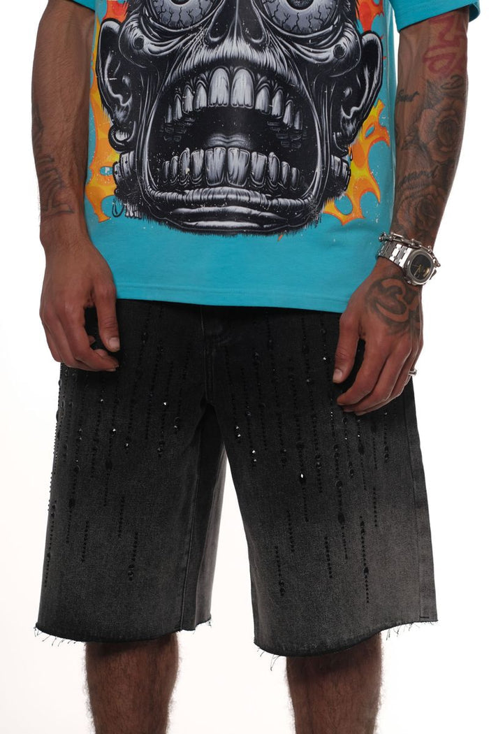 Front view of Vicious Embellished Rhinestone Black Denim Shorts showcasing stylish fit and embellishments