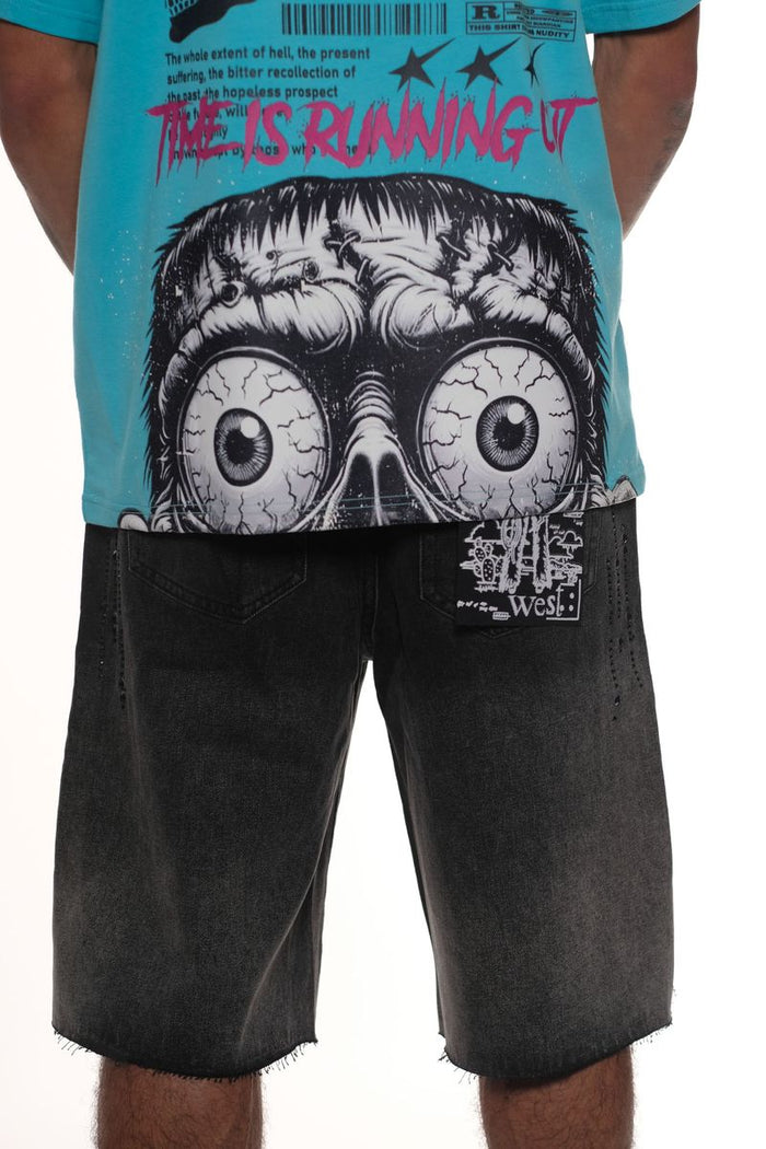 Back view of the VC5104 Black Denim Shorts highlighting rhinestone accents and distressed hem