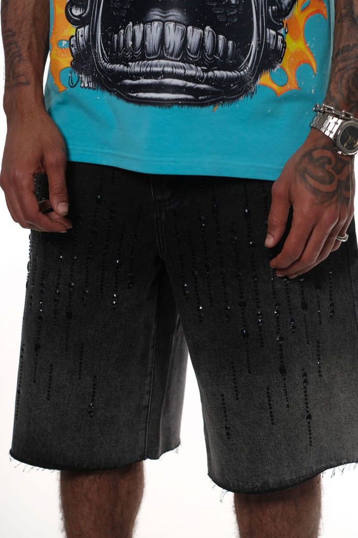 Full-length image of Vicious Embellished Rhinestone Black Denim Shorts styled for a trendy look