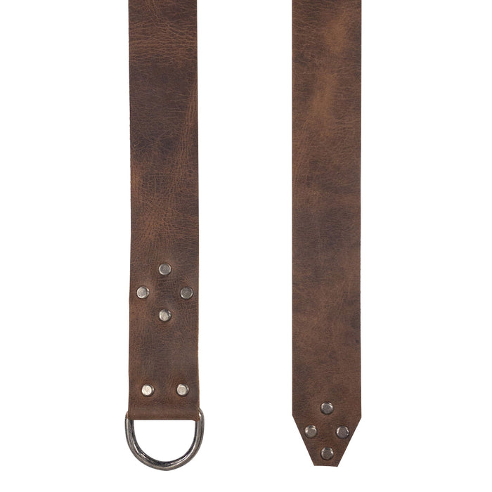 Flat lay of the Viking Belt for Men showing its Full Grain Leather texture and Half Ring Closure by Valhalla Gear. Perfect for Renaissance fairs, this handmade belt reflects artisan skill with its hand-cut and hand-sewn details, celebrating small batch production in La Antigua Guatemala & Oaxaca Mexico.