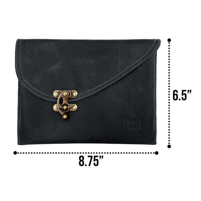 Dimensions of a black Vintage Clutch Bag from Hide & Drink, demonstrating its Full Grain Leather design and artisanal craftsmanship. Perfectly handmade in La Antigua Guatemala.