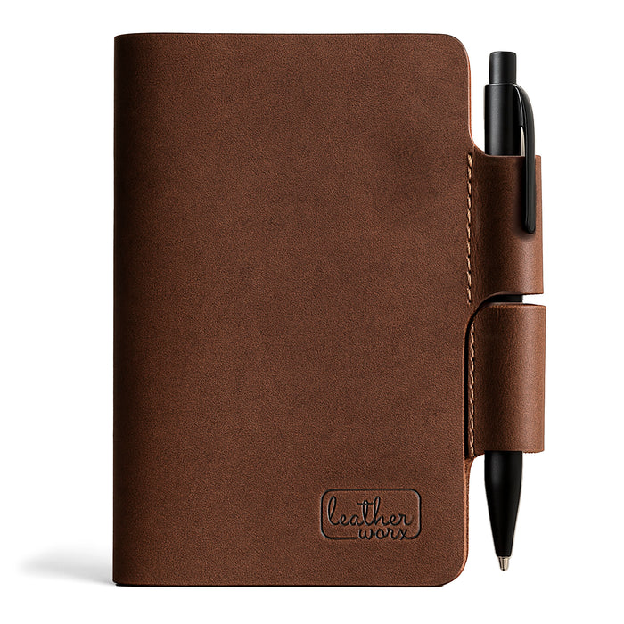 Vintage Cover for Field Notes (3.5 x 5.5 in. Notebook not Included) by Leather Worx, showcasing a premium full grain leather journal case. This Vintage Cover Designed for Field Notes Notebook (3.5 x 5.5 in.) features small batch production, hand cut, hand sewn craftsmanship, and a fire branded logo. Handmade in La Antigua Guatemala & Oaxaca Mexico.