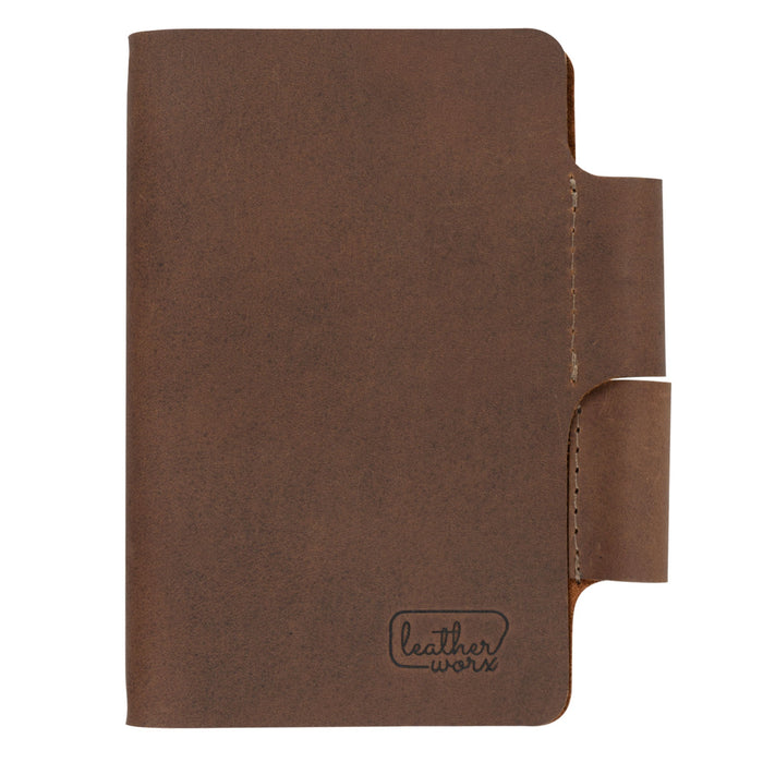 Front view of the Vintage Cover for Field Notes (3.5 x 5.5 in. Notebook not Included) by Leather Worx, exemplifying its full grain leather finish. This Vintage Cover Designed for Field Notes Notebook (3.5 x 5.5 in.) highlights artisan craftsmanship with small batch production, hand cut, and hand sewn details from La Antigua Guatemala & Oaxaca Mexico.
