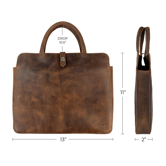 Dimensions layout of the Vintage Portfolio with Snap for 13" MacBook Air by Hide & Drink, illustrating its measurements in Full Grain Leather finish. This Artisan item, part of Small Batch Production, is hand-cut, hand-sewn, and fire branded, handmade in La Antigua Guatemala & Oaxaca Mexico.