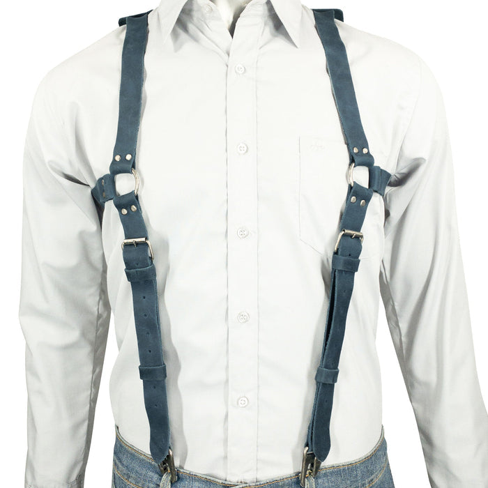 Model showcasing dark Vintage Renaissance Suspenders by Hide & Groom, emphasizing the unique artisan craftsmanship and durable materials for a vintage look.