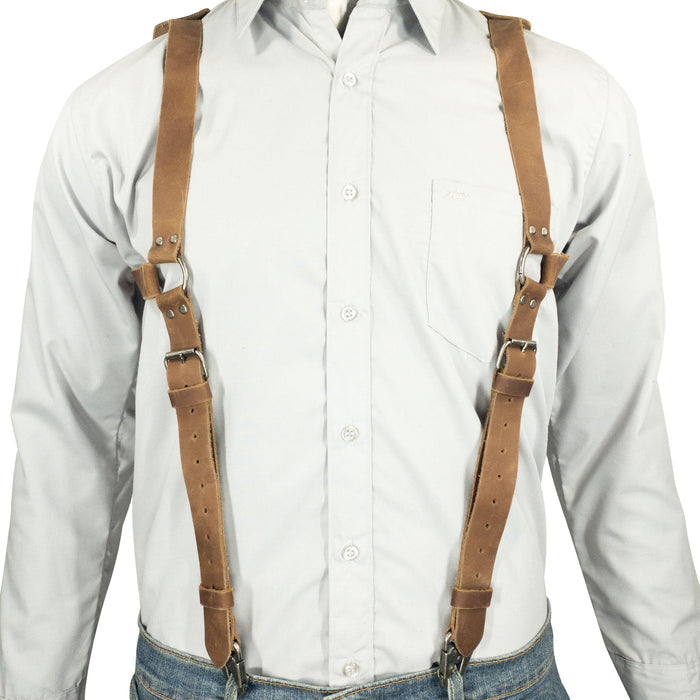 Close-up of the adjustable straps on Vintage Renaissance Suspenders by Hide & Groom, emphasizing the meticulous artisan work with full grain leather and durable metal hooks.