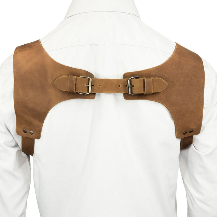 Measuring guide for Vintage Renaissance Suspenders by Hide & Groom, illustrating how to achieve the ideal fit for this handcrafted vintage men's back support harness.