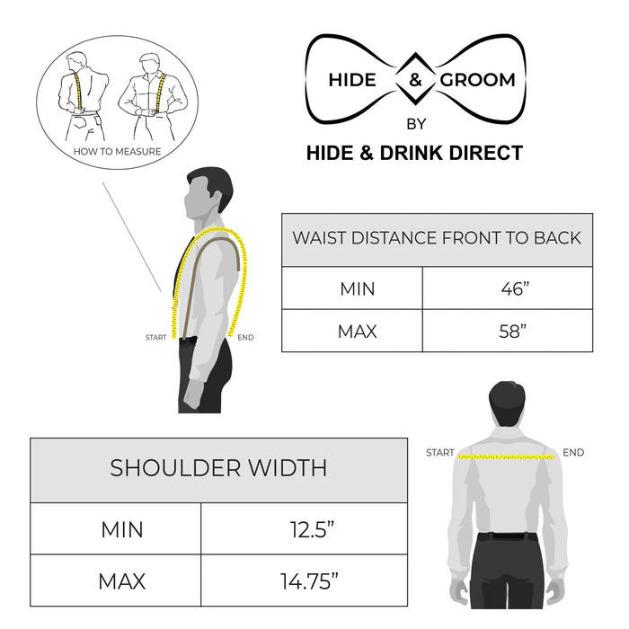 Measuring guide for Vintage Renaissance Suspenders by Hide & Groom, depicting how to ensure the perfect fit for the vintage back support harness made in La Antigua Guatemala & Oaxaca Mexico.