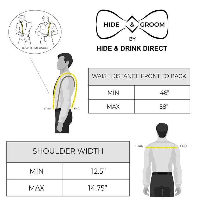 Measuring guide for Vintage Renaissance Suspenders by Hide & Groom, ensuring the perfect fit for the vintage men's back support harness crafted from full grain leather with metal hooks.