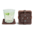Vintage Squared Coaster (8 pack) by Hide & Drink featuring a rustic coaster set with a glass and a protective case. Perfect as coasters set of 8, ideal for table protection for drinks and an elegant accessory for home/office decor. Made of premium full grain leather in small batch production, this artisan product is hand cut, hand sewn, and fire branded, showcasing craftsmanship from La Antigua Guatemala & Oaxaca Mexico.