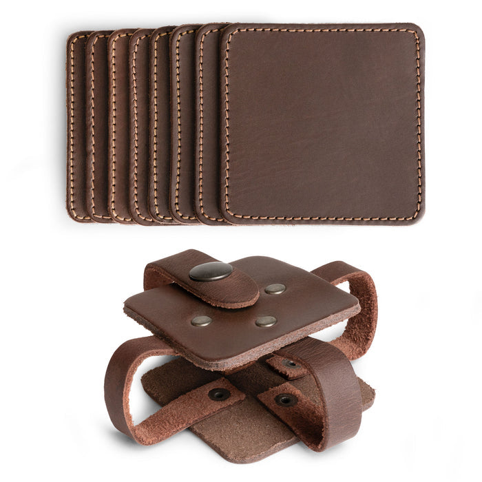 Vintage Squared Coaster (8 pack) by Hide & Drink showcasing individual coasters stacked neatly. These coasters set of 8 offer excellent table protection for drinks and are a chic accessory for home or office spaces. Made from high-quality full grain leather through artisan small batch production, each piece is hand cut, hand sewn, and proudly fire branded in La Antigua Guatemala & Oaxaca Mexico.