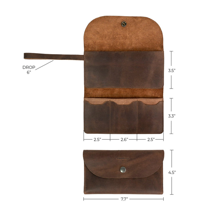 Dimensions and features of Heather's Wallet with Wristlet shown together, highlighting its usability for women. Made from Full Grain Leather, this stylish purse is a perfect travel accessory and money organizer. StockyardX, Small Batch Production, Hand Cut, Hand Sewn, Fire Branded, Artisan, Handmade in La Antigua Guatemala & Oaxaca Mexico.