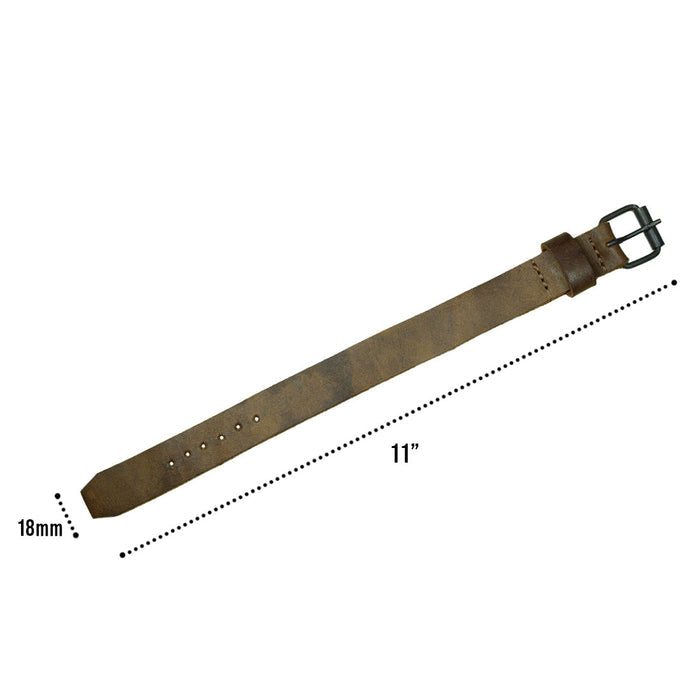 Measuring the Hide & Drink Watch Strap (20mm) featuring a classy buckle and fine detailing. This leather rustic wristwatch strap replacement (20mm buckle, 18mm strap) serves as a functional yet stylish accessory for your timepiece. Crafted from full grain leather, it showcases artisan skills through small batch production, hand cut, hand sewn, and fire branded techniques. Handmade in La Antigua Guatemala & Oaxaca Mexico.