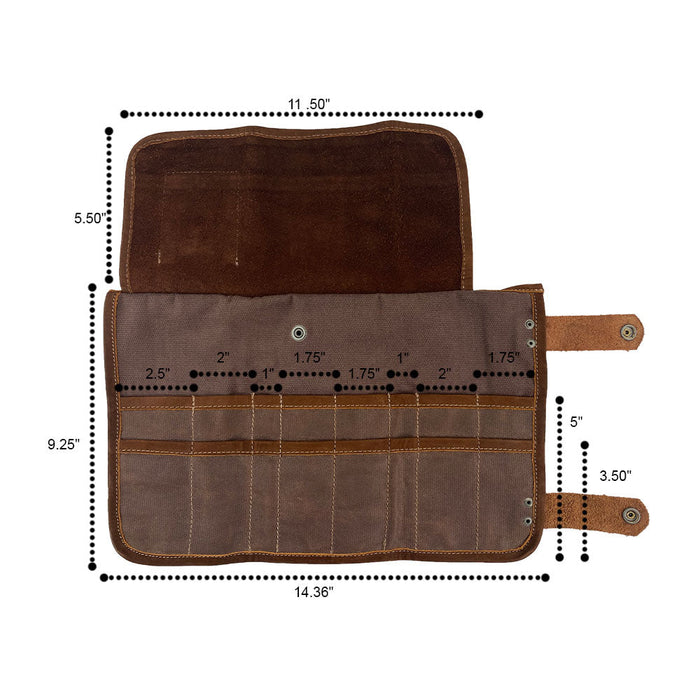 Hide & Drink presents its Barber Tool Roll, showcasing a Snap Tool Roll Up Bag with 14 Slots ideal for capturing scissors & screwdrivers. This portable carry case is crafted from premium Full Grain Leather, reflecting StockyardX's commitment to small batch production, artisan craftsmanship, hand cut, hand sewn, and fire branded in La Antigua Guatemala & Oaxaca Mexico.