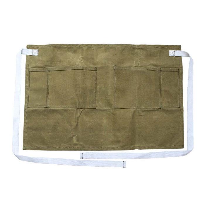 Front view of the Waxed Canvas Waist Apron by Hide & Drink, showcasing its durable water resistant material and spacious pockets. This apron is crafted through small batch production, hand cut, and hand sewn, with fire branding, reflecting the artisan quality handmade in La Antigua Guatemala & Oaxaca Mexico.