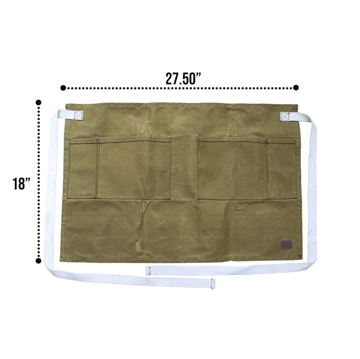 Dimensions view of the Waxed Canvas Waist Apron by Hide & Drink, measuring 27.50 inches in length and 18 inches in height. This apron is a perfect example of water resistant utility design created through small batch production, hand cut, and hand sewn methods, showcasing artisan quality from La Antigua Guatemala & Oaxaca Mexico.