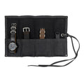 The Waxed Canvas Watch Roll by Hide & Drink in brown, showcasing its ability to organize up to 4 watches with style and elegance. Handmade for discerning watch lovers.