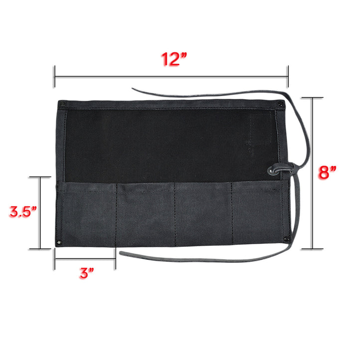 The folded black Waxed Canvas Watch Roll by Hide & Drink highlighting its compactness. Handmade to hold up to 4 watches while enhancing travel convenience.