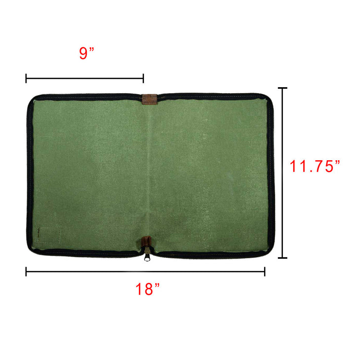 Dimensions of the Waxed Canvas Zippered Journal Cover for Moleskine (Notebook NOT Included) by Hide & Drink, showcasing its size suitable for Cahier Cases. Handmade from Full Grain Leather, a touch of artisan craftsmanship from La Antigua Guatemala & Oaxaca Mexico.
