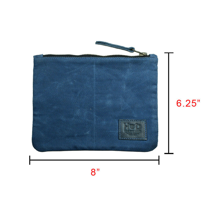 Measurements of the blue Waxed Zippered Pouch by Hide & Drink, emphasizing its size of 8 by 6.25 inches. This lightweight case is a high-quality artisan product made from waxed canvas and full grain leather.