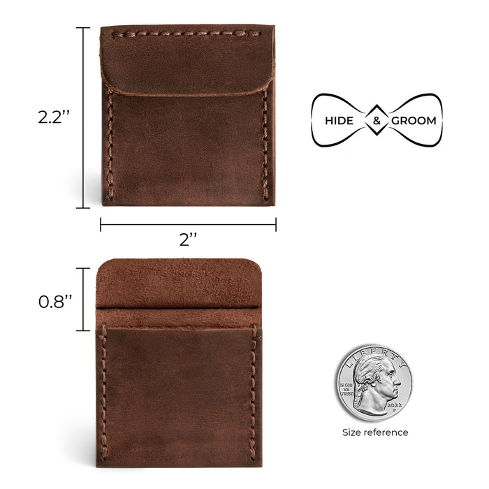 Detailed Wedding Ring Case dimensions by Hide & Groom, showcasing craftsmanship in Full Grain Leather. Each piece is made through small batch production, hand cut, hand sewn, and fire branded by artisans in La Antigua Guatemala & Oaxaca Mexico.