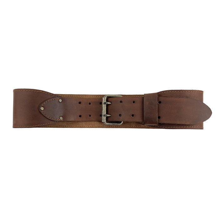 Top view of Hide & Drink’s Weightlifting Belt, highlighting its classic design and durable full grain leather. This double prong belt is 3 in. wide and accommodates waist sizes from 31 in. to 38 in. An artisan handmade piece from La Antigua Guatemala & Oaxaca Mexico, ensuring quality through small batch production.