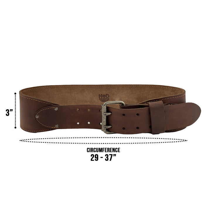 Dimensions chart for Hide & Drink’s Weightlifting Belt, detailing its fit for waist sizes 29 in. to 37 in. This reliable 3 in. wide belt, crafted from full grain leather, is engineered for functional fitness. Crafted in small batches by artisans in La Antigua Guatemala & Oaxaca Mexico.