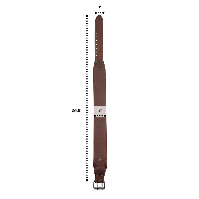 Measure specifications for Hide & Drink’s Weightlifting Belt, indicating a length of 39.5 inches and a width of 3 inches. Perfect for waist sizes from 31 in. to 38 in., this belt is a handcrafted piece made from full grain leather, representing artisan quality from La Antigua Guatemala & Oaxaca Mexico.