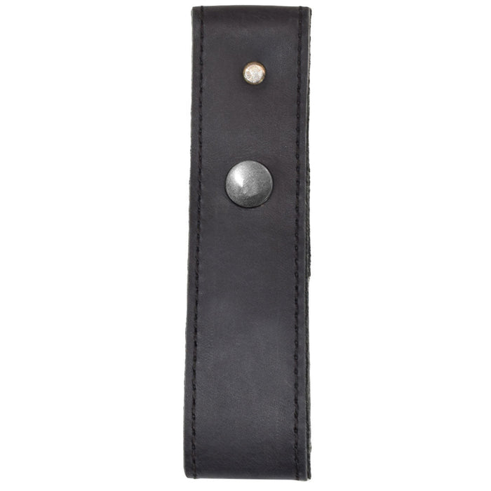 Elegant black Hide & Drink Whip Holster showcasing its refined design and durable materials. This Full Grain Leather Whip Holster functions as a Belt Loop Bullwhip Holder while embodying artisan craftsmanship in Small Batch Production, Hand Cut, and Hand Sewn features, all Handmade in La Antigua Guatemala & Oaxaca Mexico.