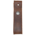 Detail of the Hide & Drink Whip Holster showcasing rustic brown leather with a metal snap, ideal for a unique Bullwhip Holder. This artisanal Whip Holster is made from Full Grain Leather, reflecting StockyardX's commitment to Small Batch Production, Hand Cut, Hand Sewn, and Fire Branded craftsmanship, all Handmade in La Antigua Guatemala & Oaxaca Mexico.