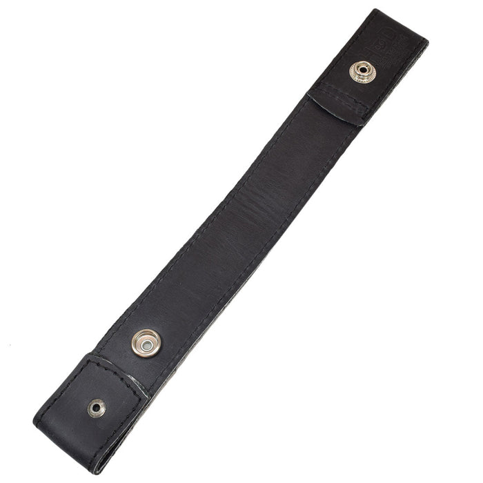 Top view of the black Hide & Drink Whip Holster revealing its craftsmanship and functional design. This Full Grain Leather piece serves as an elegant Bullwhip Holder, highlighting the quality of Small Batch Production and the artisan handmade process from La Antigua Guatemala & Oaxaca Mexico.